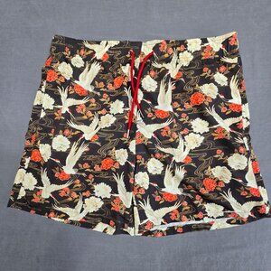 Coast Clothing Mens XL Floral Crane Swim Trunks Board Shorts Black Red Beige